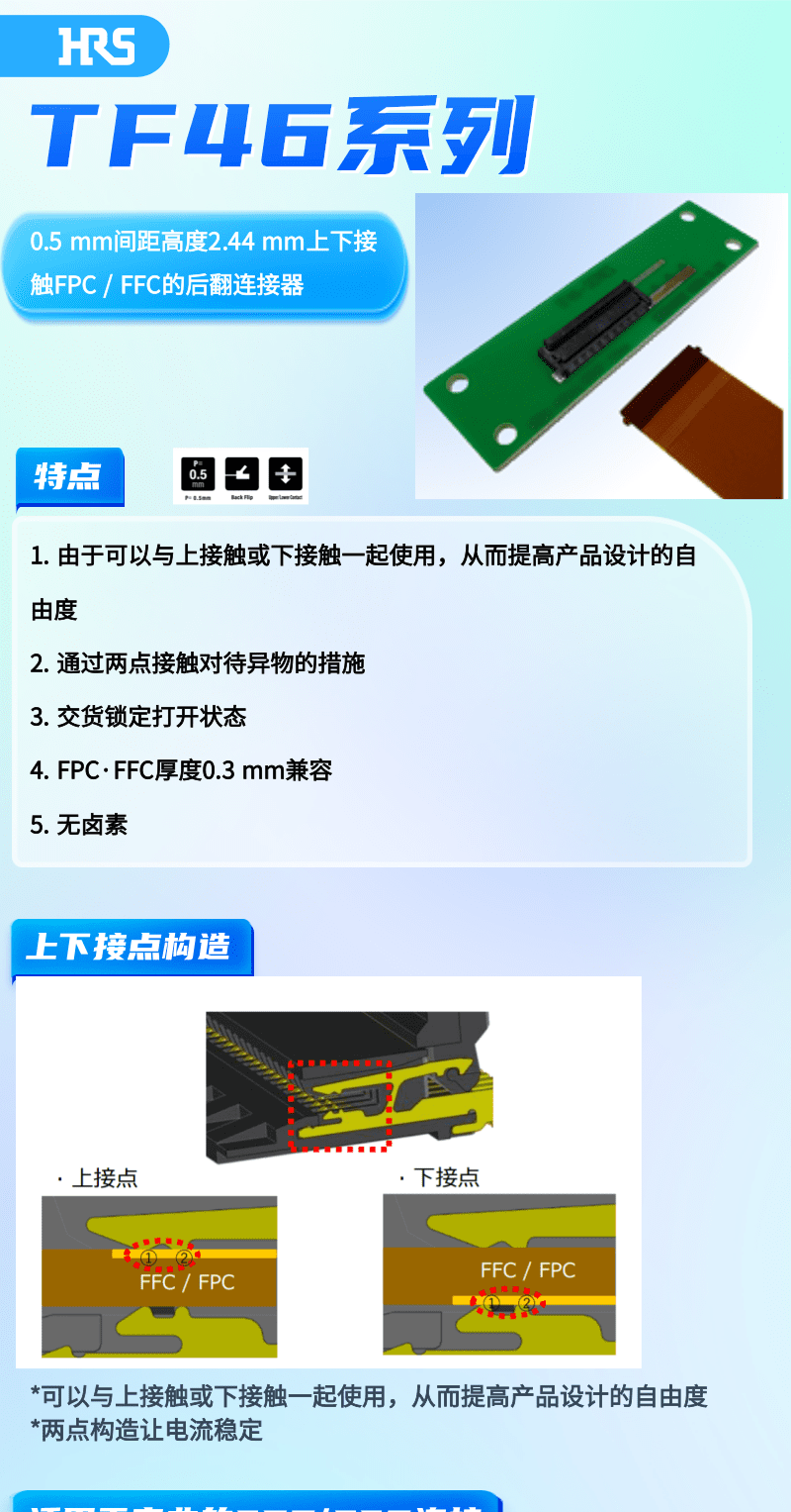 【产品推荐】上下接触FPC / FFC的后翻710寰宇连接器-TF46系列