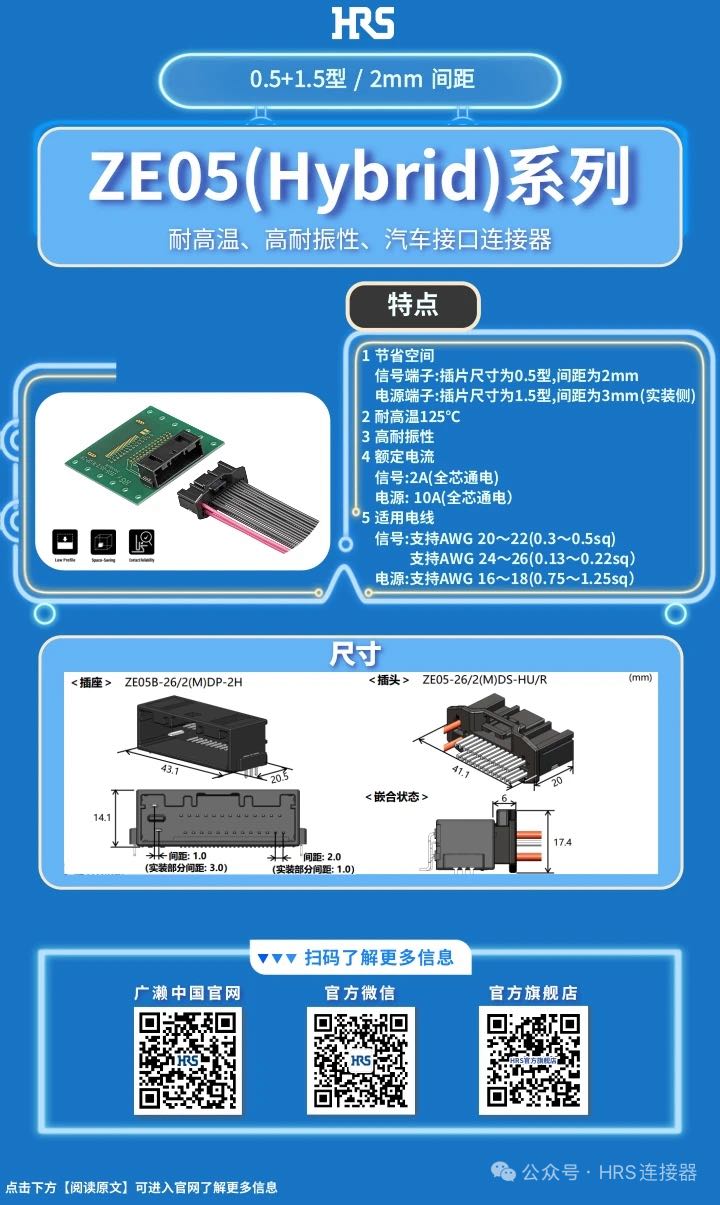 【产品推荐】耐高温、高耐振性、汽车接口、电源信号混合型710寰宇连接器ZE05系列